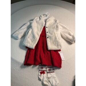 Adrienne Vittadini Bambini Girls‎ Red Knit Dress Faux Fur Coat Set Holiday 4T